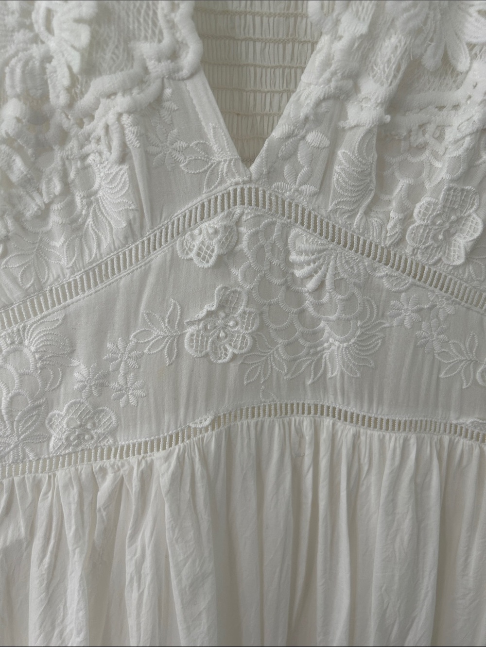 White Lace Bohemian Maxi Dress Tiered Smocked Empire Waist Embroidered Bridal - Picture 16 of 16